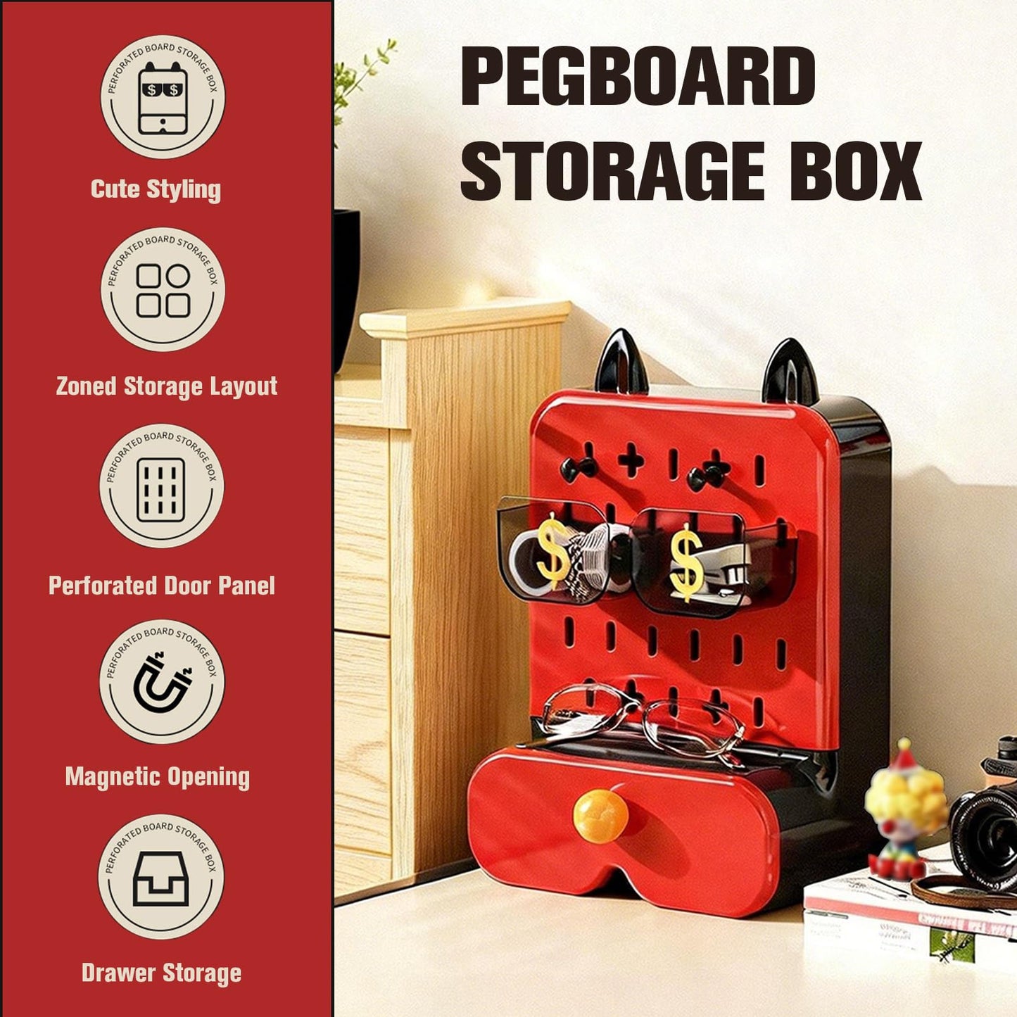 SWHC Desk Organizer Cute with Pegboard, Multifunctional Desktop Storage Box with Drawer & 2 Compartments, 3 Tier Desk with 2 Removable Boxes and Hooks, Art Supplies, Birthday Gifts for Kids