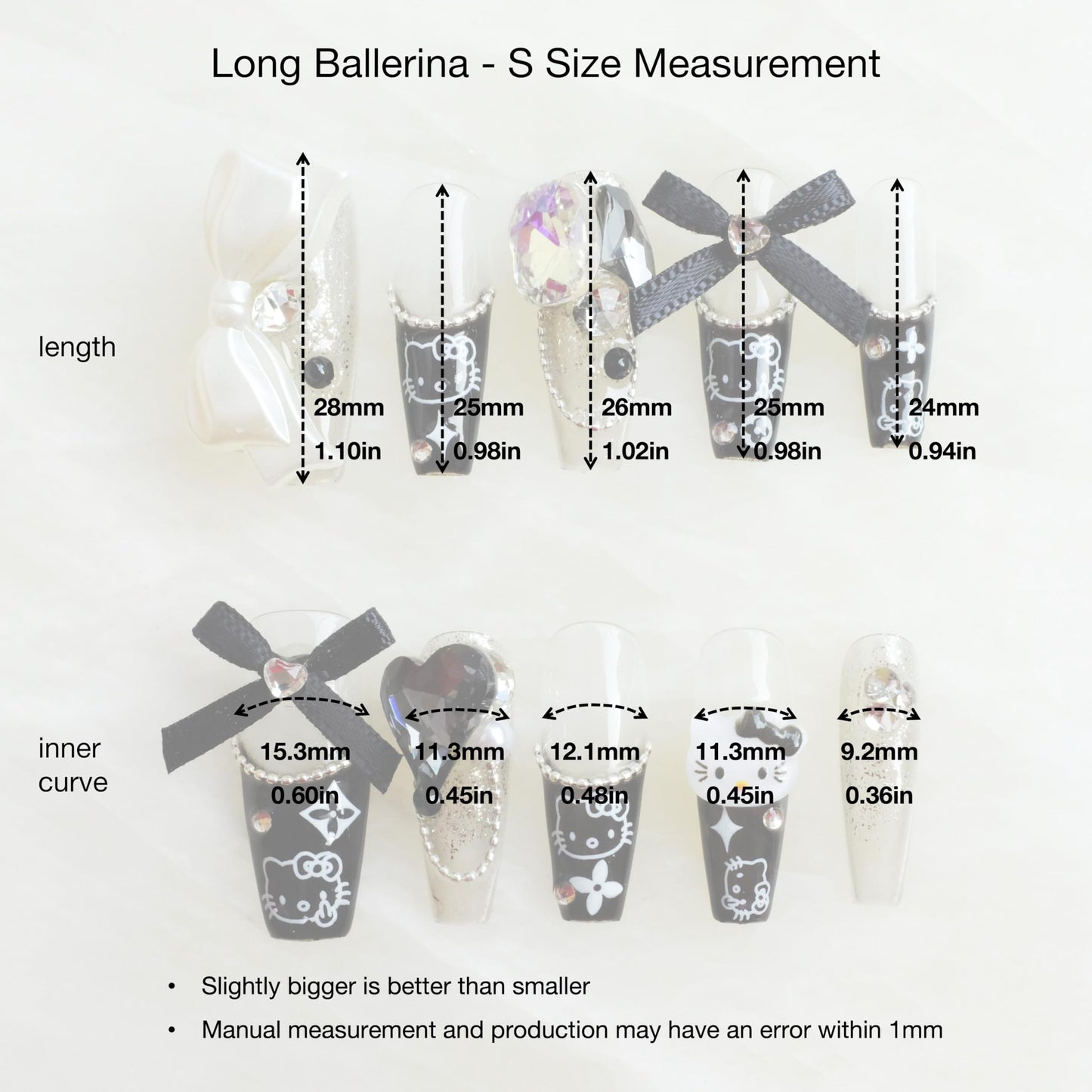 [GLORS] Purly Handmade Long Ballerina Press on Nails | Black False Nail with Cute Kitty | Salon Quality in Long Coffin Nail (S, LC)