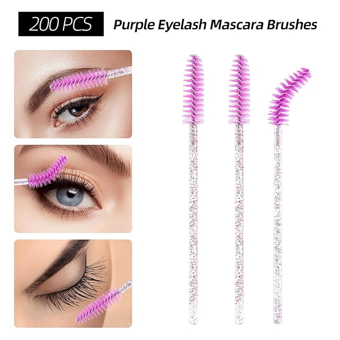600 PCS Eyelash Extension Supplies Kit, 200 Spoolies Mascara Wands Disposable 200 Lip Brushes 200 Micro Swabs Purple Eyelash Brushes Makeup Applicator Tool