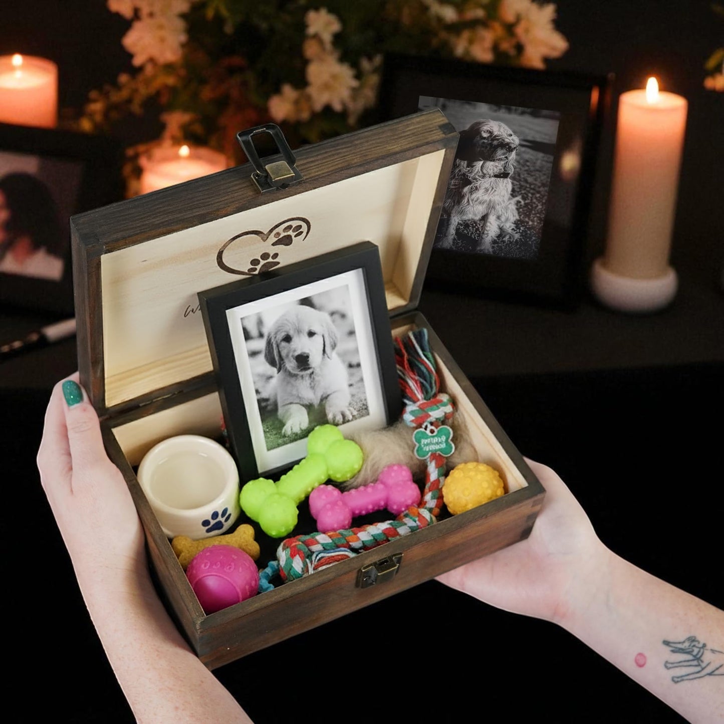Engraved Pet Memory Box – Wooden Keepsake Box for Dog or Cat Remembrance – Pet Loss Gift – Medium Size – Dark Walnut Finish – 8.5 x 6 x 3 in