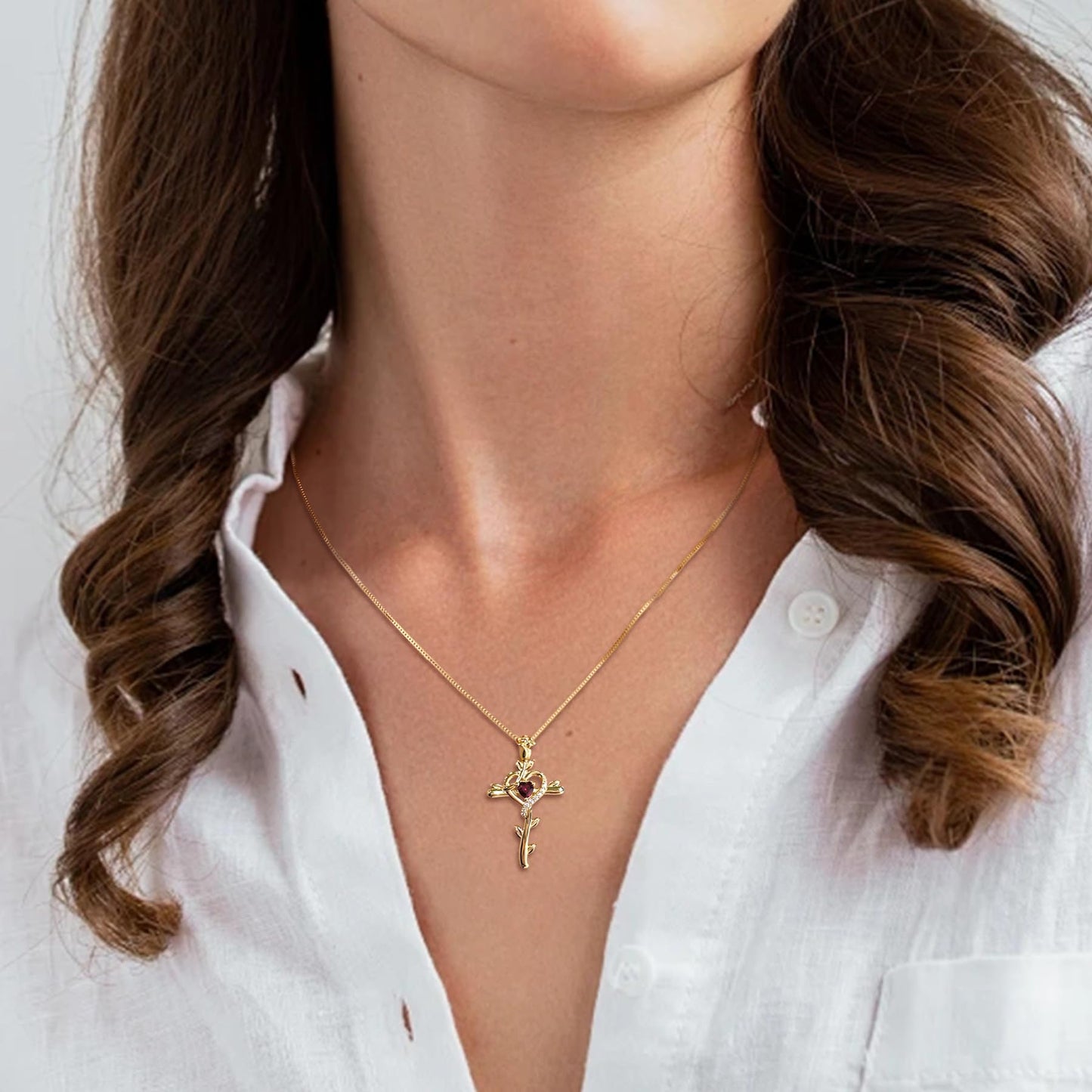 STARCHENIE Rose Cross Necklace, 925 Sterling Silver 14K Gold Plated, Created Ruby Heart Pendant, Crucifix Jewelry Gift for Women