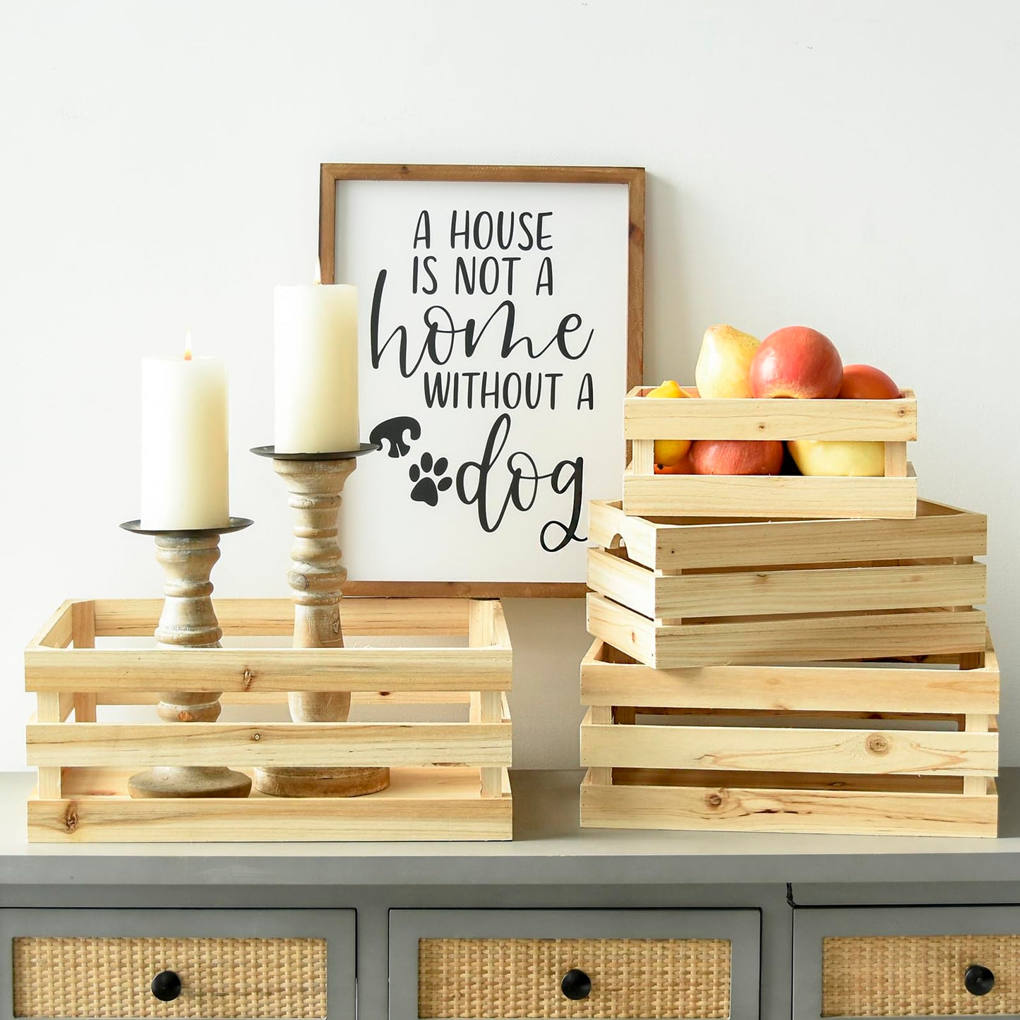 UPPER DECOR Large Wooden Crates Unfinished Set of 4 Decorative Storage Box with Handles, Rustic Farmhouse Wooden Crates for Display, Living Room Container Basket Box for Kitchen, Pantry, Bedroom
