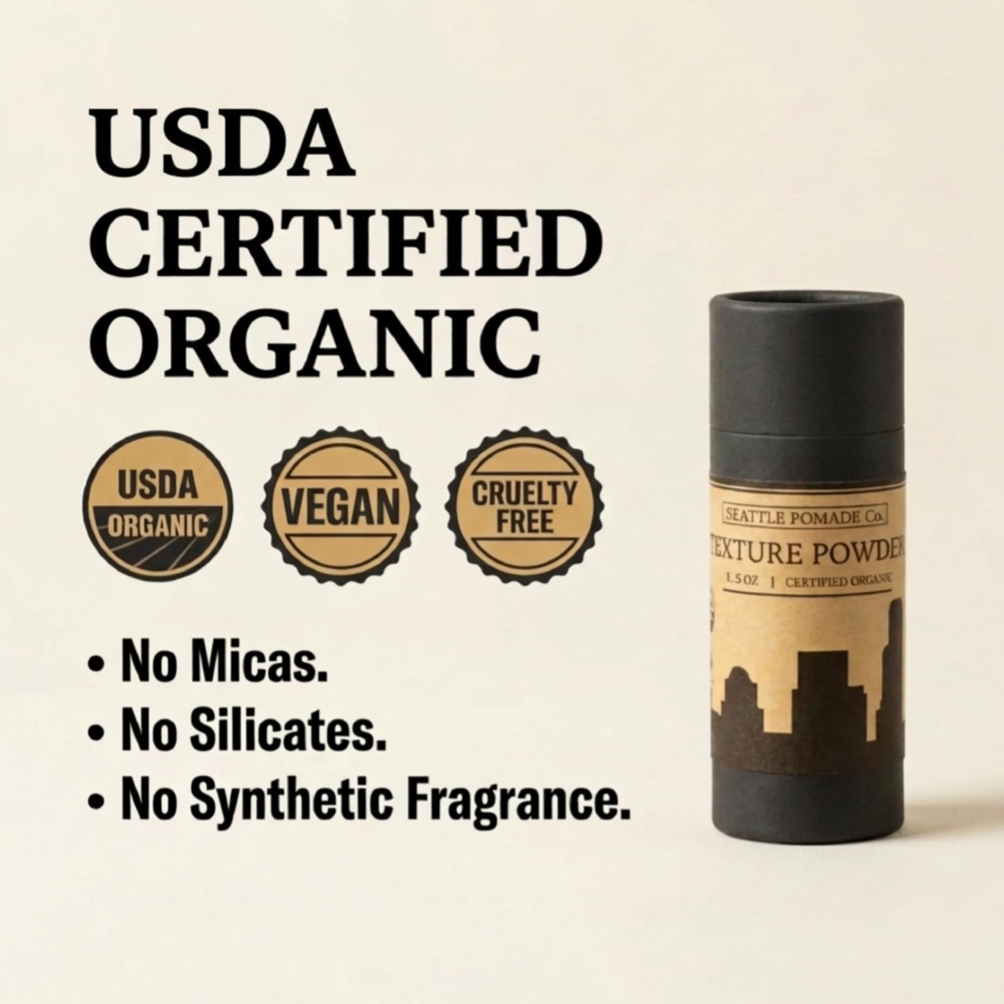 Seattle Pomade Co. Organic Based Texture Powder for Men. Creates Volume and Lift with organic materials. Fragrance Free. Globally sourced certified organic materials. Natural Hair Powder 2 oz NON-GMO