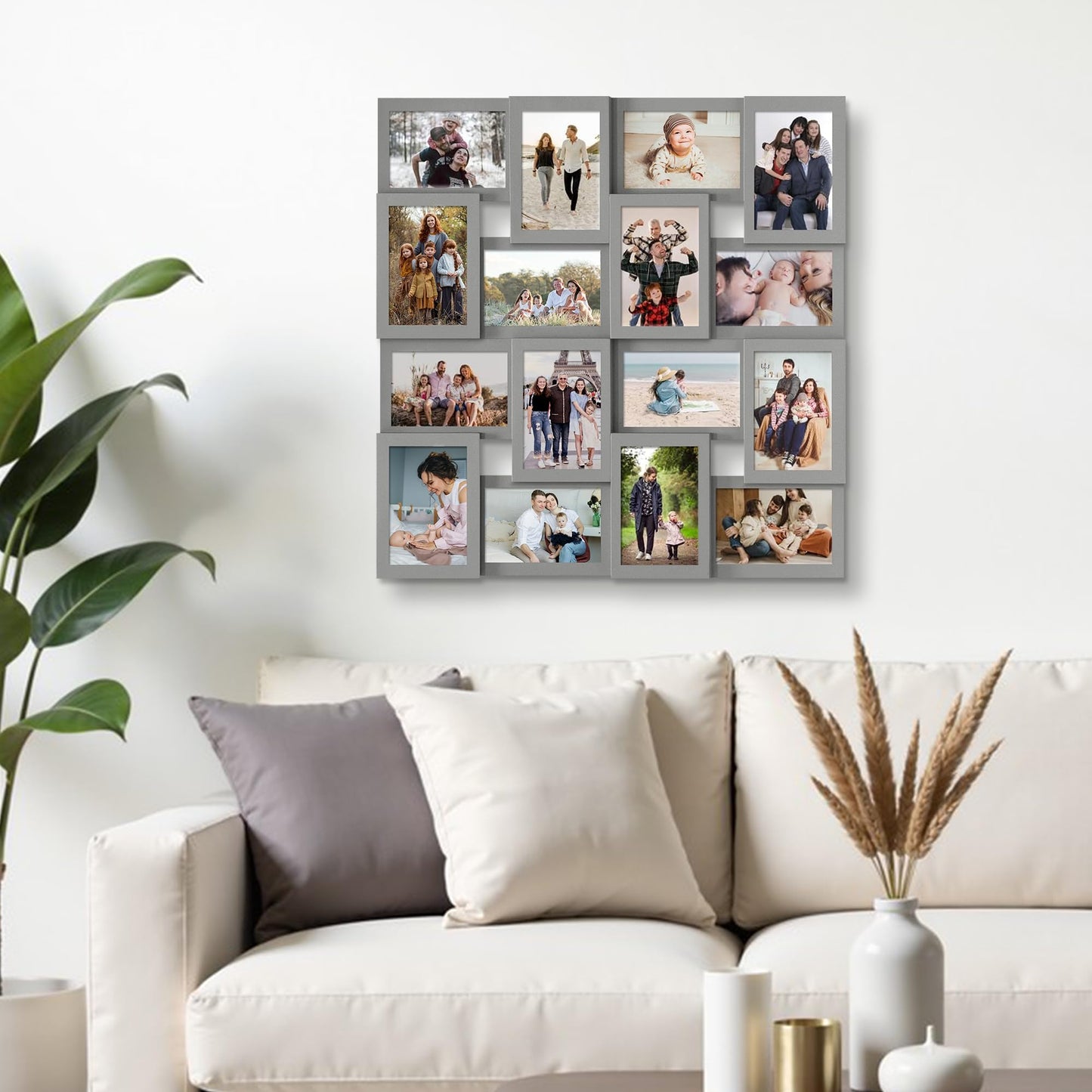 J.M.Deco Collage Picture Frames for Wall 16 Opening, Large Photo Frame Collage Wall Hanging for 4x6 Photo, Reunion Friends Family Memory, Christmas Gift - Grey