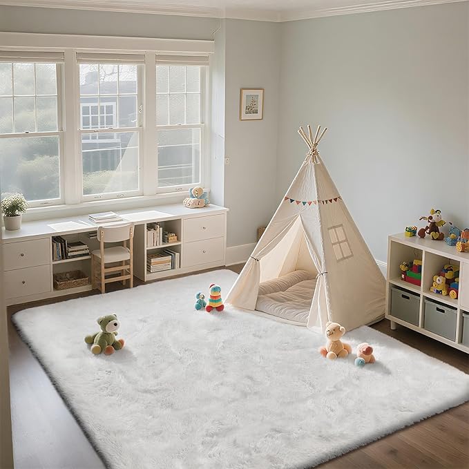 Shag Area Rugs for Living Room 8X10 Ultra Soft Fluffy Area Rugs for Bedroom Dorm, Indoor Carpet Nursery Rugs for Kids Girls Room Home Decor,White