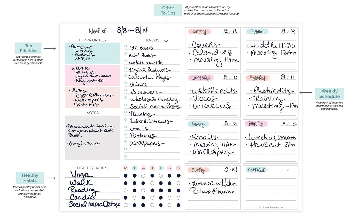 bloom daily planners Horizontal Weekly To Do List Notepad with 60 Undated Sheets - Weekly Desk Planner or Chore Pad with Priorities & Habit Tracker - 8.5” x 11” - Pastel