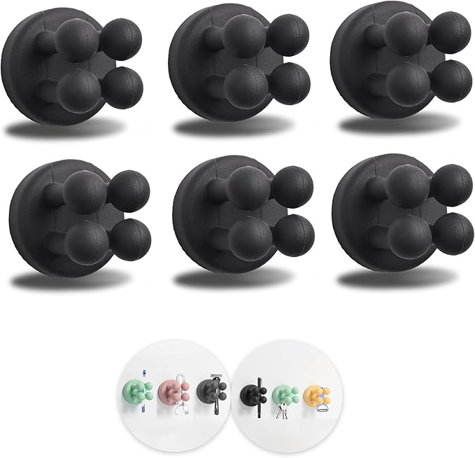 6Pcs Silicone Toothbrush Holders for Bathrooms,Waterproof Self Adhesive Multifunctional Hook for Hanging Towel Key Plug Cable for Bathroom Kitchen Living Room Office Black