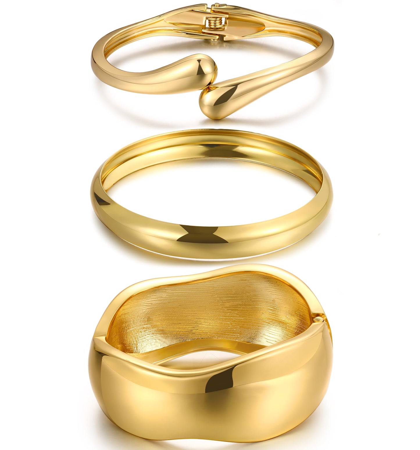 Chunky Gold Bangle Bracelets for Women, Dainty 14k Gold Plated Big Stackable Bangles Set, Trendy Statement Cuff Bracelet Stack Fashion Jewelry Gifts (3 Chunky & thin bangles)
