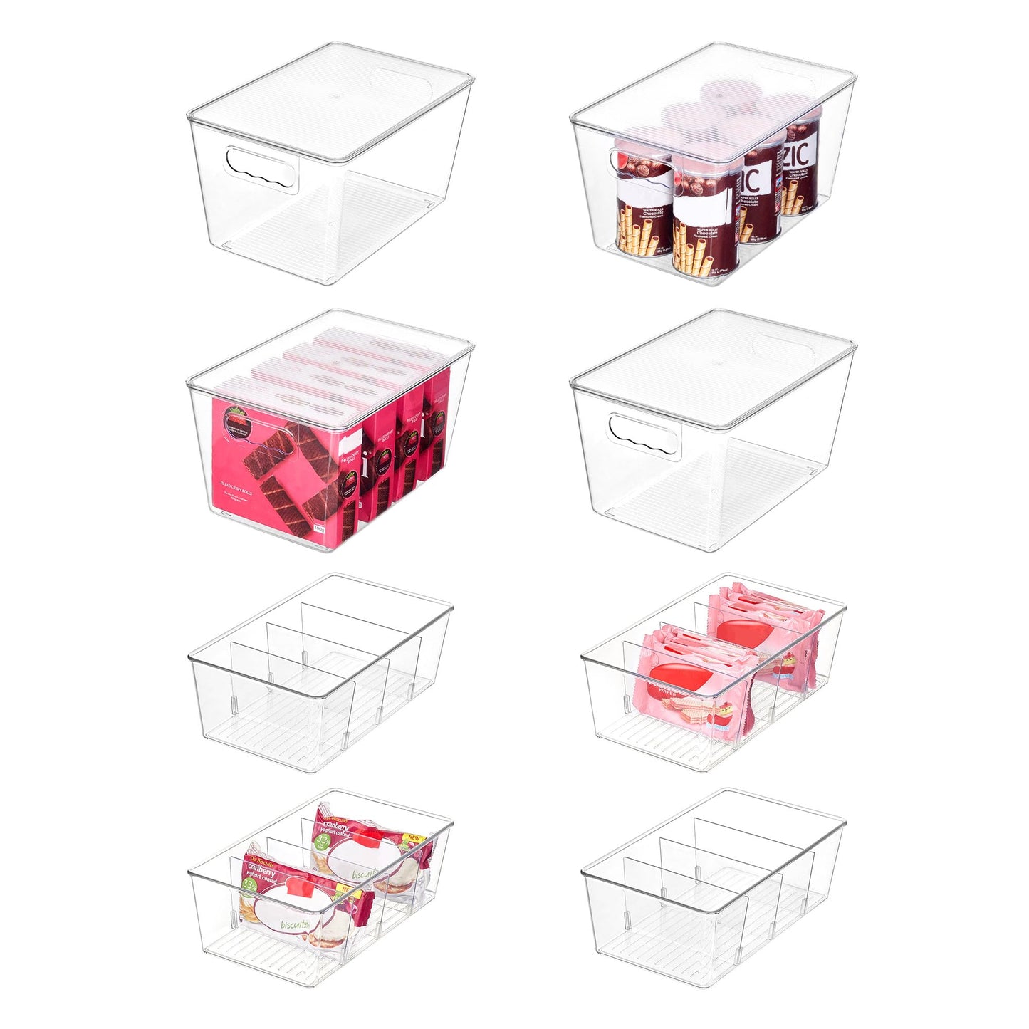 Vtopmart 8 Pack Clear Plastic Storage Bins Set, 4 Large Pantry Organizer Bins with Lids & Handles and 4 Medium Snack Organizer Bins with 4-Compartment for Pantry, Kitchen, Fridge, Cabinet Organization