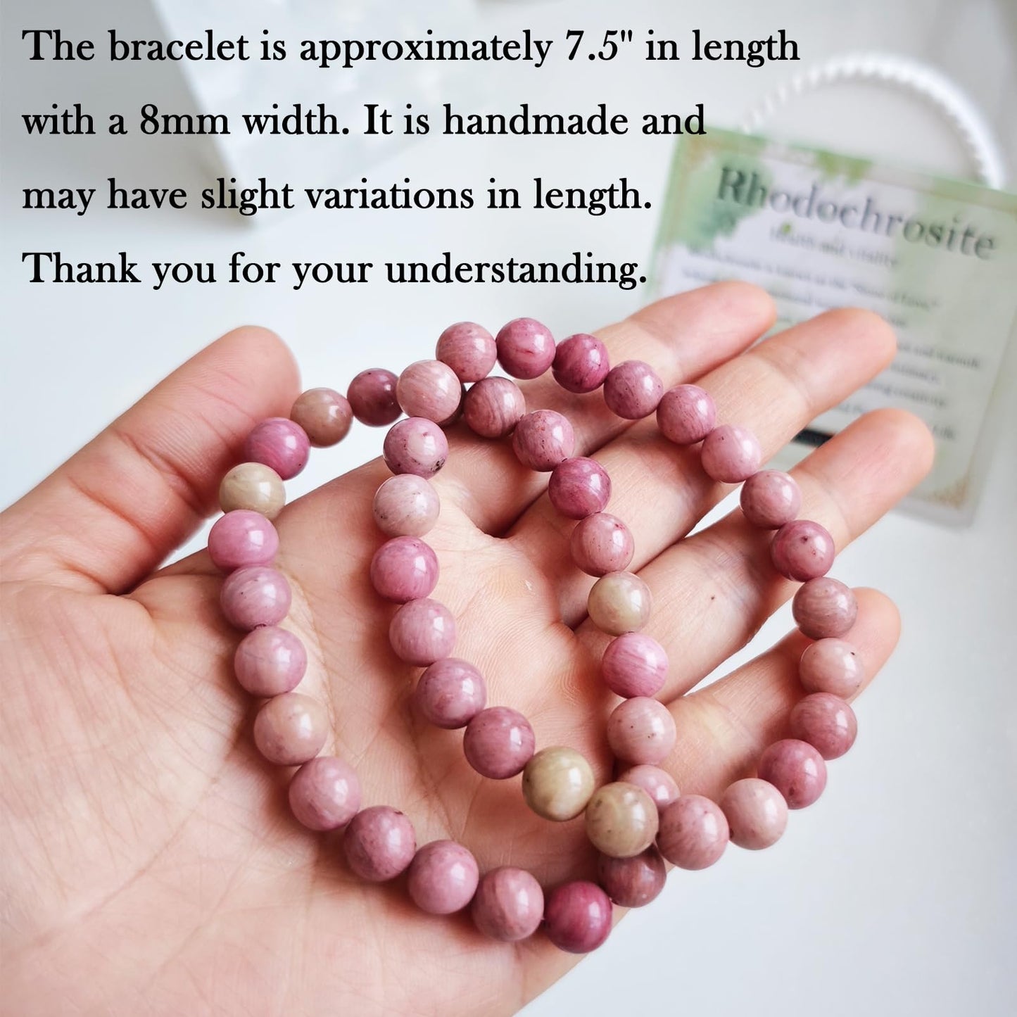Handmade Natural Gemstone Elastic Bracelet - Healing Crystal Beads Jewelry, Unisex (Rhodochrosite, 8mm)