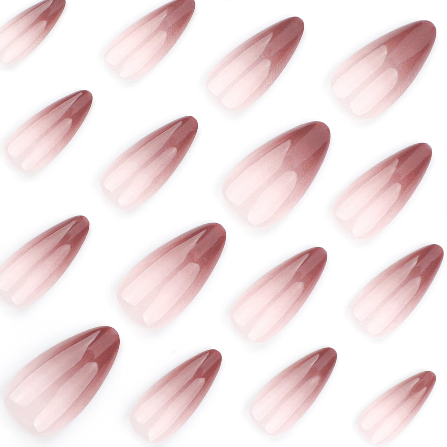 Almond Press on Nails Medium Length Brown French Tip Fake Nails with Glue Stiletto Shape Glossy Acrylic Nails Full Cover Pink Gradient False Nails for Women DIY Manicure Decoration 24PCS
