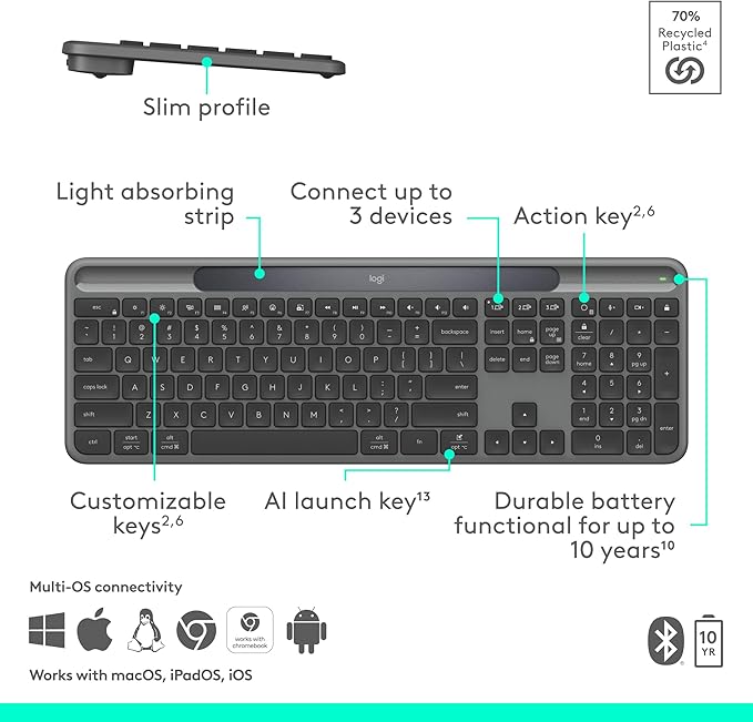 Logitech Signature Slim Solar+ Wireless Bluetooth Keyboard K980, Solar and Artificial Light Powered, Up to 10 Years Battery Life, Customizable Keys - Graphite