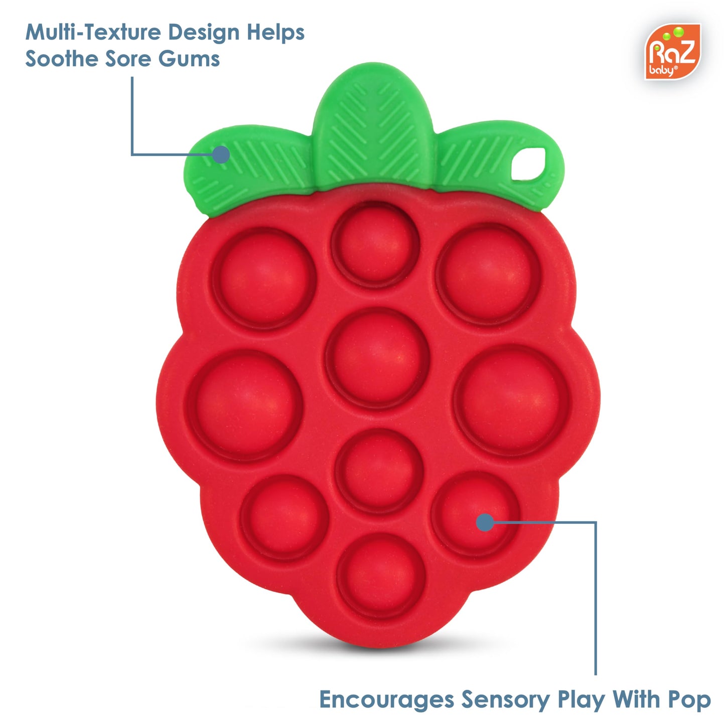 RaZbaby RaZberry Teether 2-Pack (Red/Blue) + RaZberry Pop Teether for Babies 3 Months & Up - BPA Free Silicone - Textured for Sensory Stimulation and Development