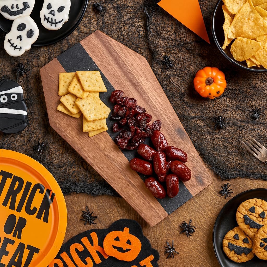 Halloween Coffin Shaped Charcuterie Board, Gothic Serving Tray Wood & Black Marble, Halloween Gifts for Women
