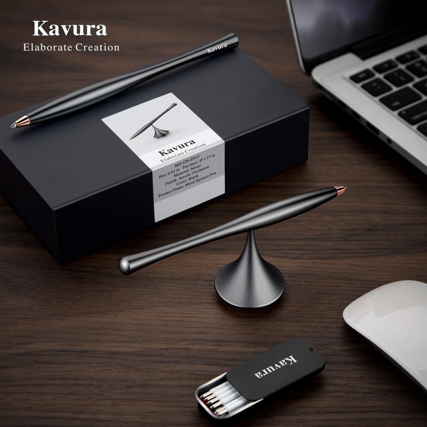Kavura Metal Gravity Spinner Pen – Crafted with Japanese Precision, Anodized for a Sleek Metallic Finish – Relieves Stress & Sparks Creativity – Elegant Gift for Professionals and Graduates (Black)