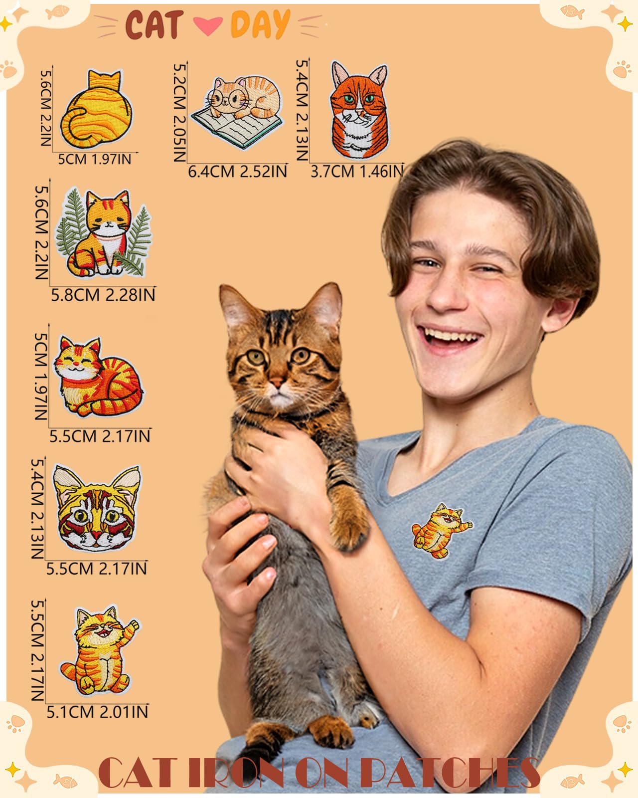 16pcs Cute Cat Patches Kitten Embroidered Iron on Patches for Clothes, Orange Animal Fabric Repair Patches for Jean Hat Jacket Backpack Shoe Backpack Decorative Applique