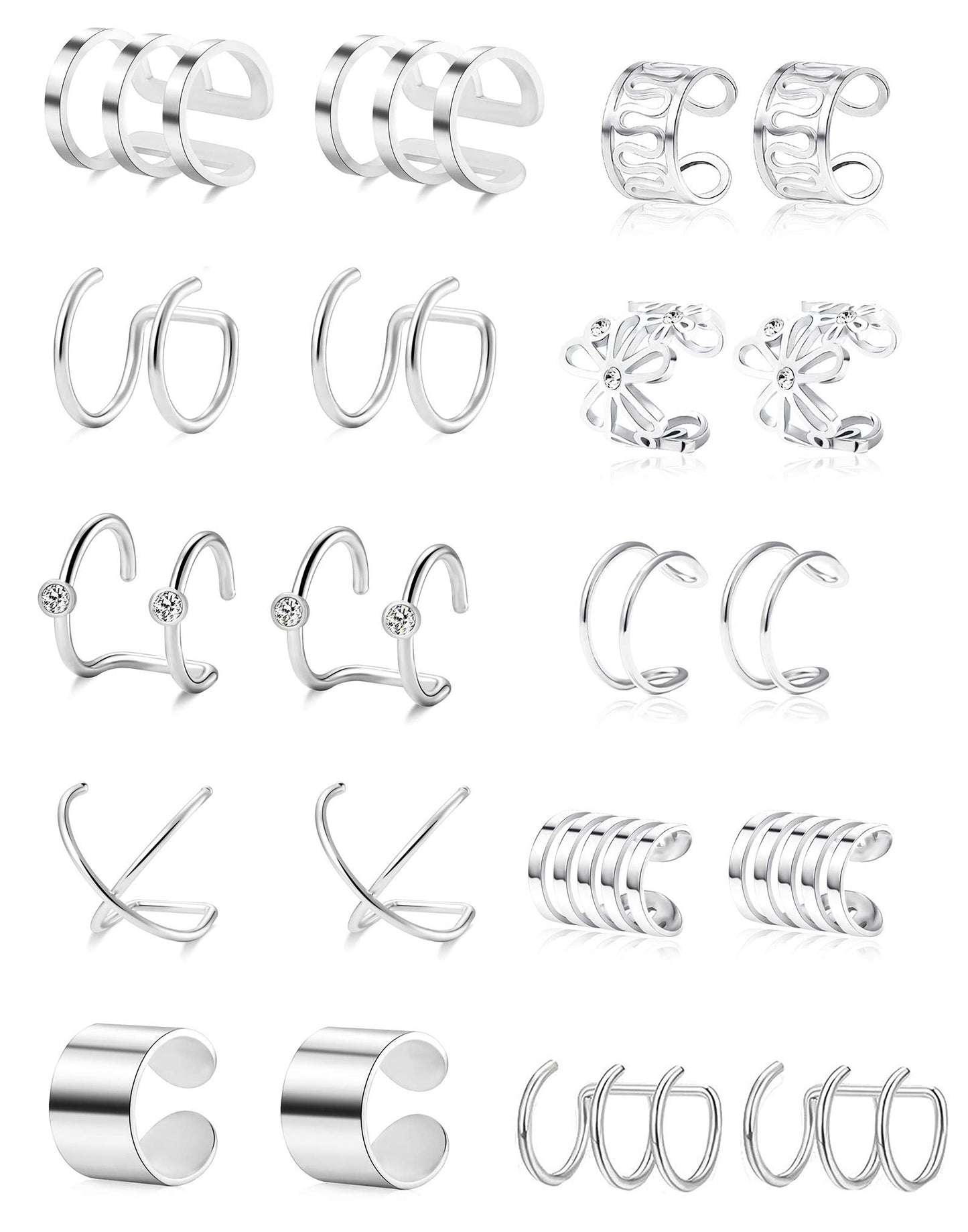 Tornito 4-10 Pairs Stainless Steel Ear Cuff Helix Cartilage Clip On Wrap Earrings Fake Nose Ring Non-Piercing Adjustable (A0:10 Pairs, Silver)
