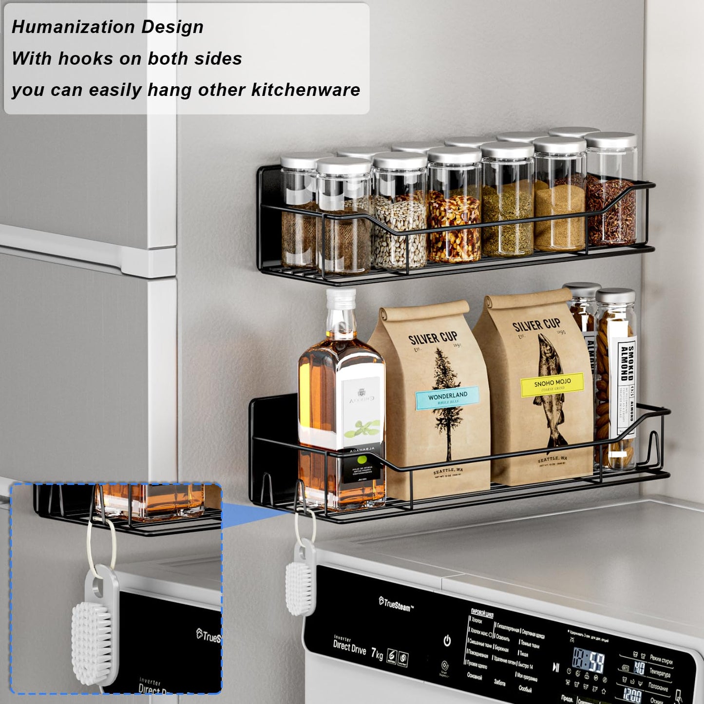 IYEBAU Magnetic Spice Rack for Refrigerator,8 Pack Magnetic Fridge Shelf, Moveable Spice Organizer with Hook Rack, Paper Towel Holder, Utensil Holder,cup lid holder, Super Magnetic Rack Set (Black)
