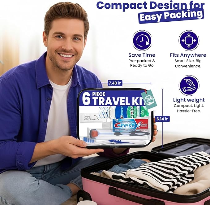 Trektote Travel Toothbrush and Toothpaste Set - 6 Piece Dental Care Kit, TSA Compliant, Includes Toothpaste, Toothbrush, Mouthwash, Tongue Cleaner, Flosses and Premium Toiletry Bag