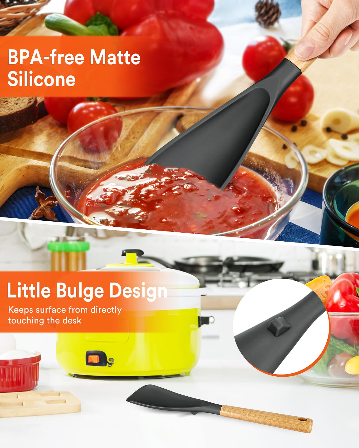 Multifunction Spoon for Nonstick Cookwares, Great for Cooking and Serving, Sturdy BPA-Free Matte Silicone, Wood Handle Spoonula for Mixing, Scoop, and Scrape, Grey(2 pack,11.4" & 13.4")