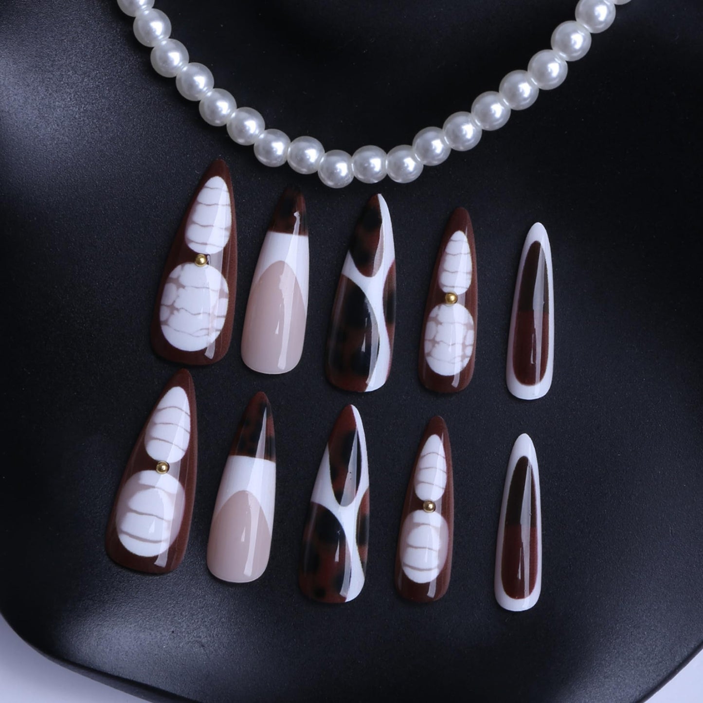 Octoswave Almond Press on Nails Long Fake Nails Brown and White Artificial Nail Leopard Stick on Nail for Women 24pcs