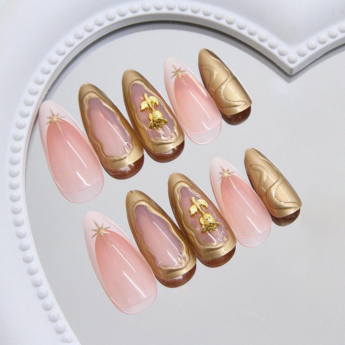 MISUD Press on Nails - Medium Almond Fake Nails with White French Tip, Acrylic Gold Chrome Design 24 pcs