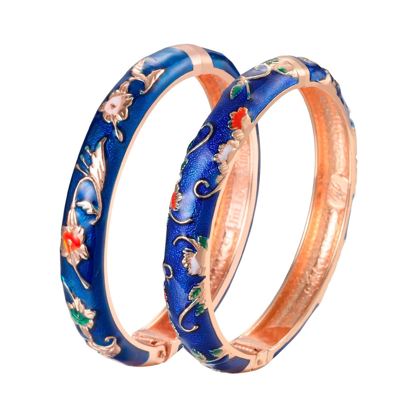 UJOY Vintage Bangles Bracelets Cloisonne Enameled Flower Spring Hinge Clasp Indian Style Jewelry Set for Women 55A81-55A108 Navy Blue