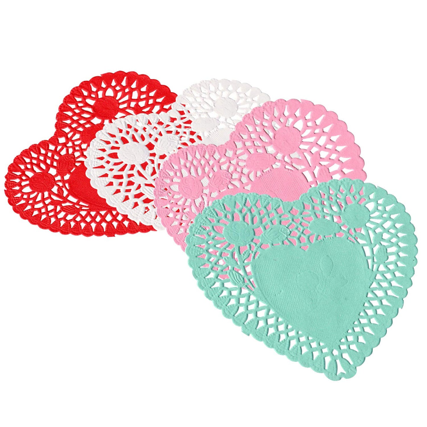 Heart Doilies 10 Inches - Pack of 100, 25 Each in Red, Pink, White, and Blue - Perfect for Valentine's Day Decorations.