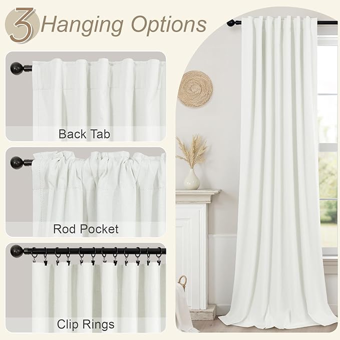 Living Room Curtains 84 Inches Long Faux Linen Darkening Curtain for Bedroom Boho Burlap Full Blackout Soundproof Thermal Insulated Drapes for Nursery Room Divider 52x84 Length 2 Panel Ivory Off White