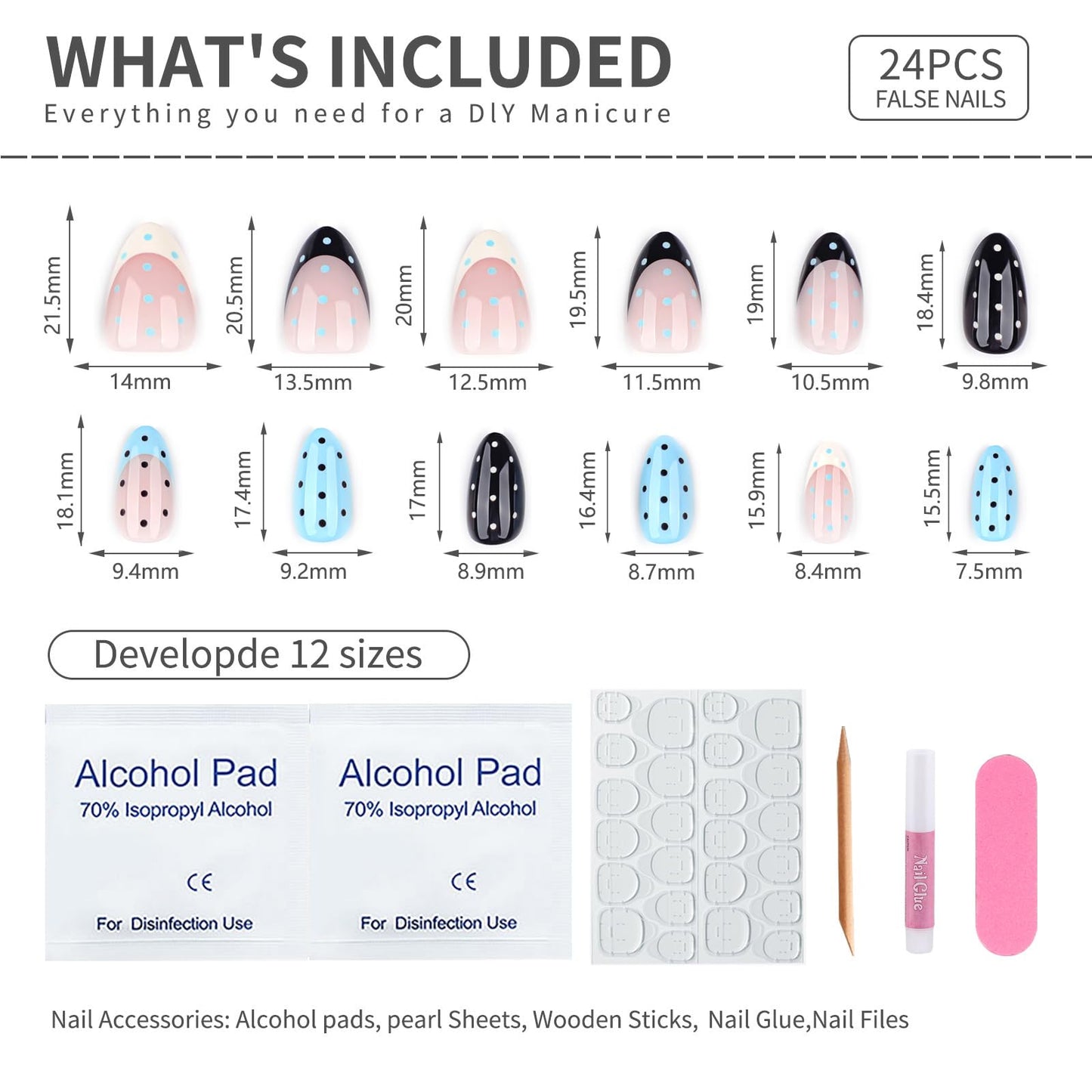 24PCS Soft Gel Press On Nails Almond Polka Dot Nude Blue Black Glossy, Reusable Glue On Fake Nails Acrylic Look False Nails for Women