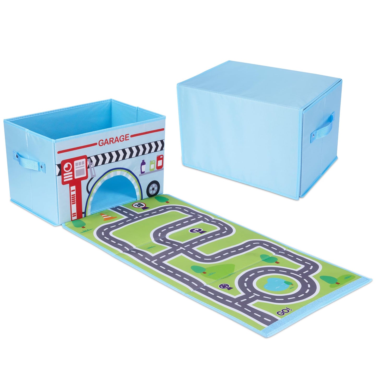SAM AND MABEL Toy Cars Garage Box – Toy Storage Box with Car Rug Play Mat, Collabsible Storage Organizer for Boys and Girls (GoGarage)