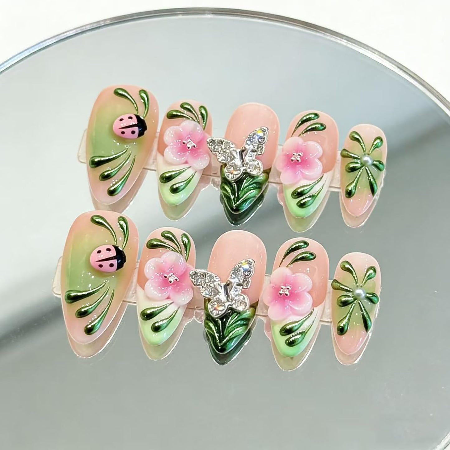 Luxury Press on Nails Medium Almond Handmade 3D Unique Reusable Gradient Flowers Fake Nails French Tip False Nails with Designs Butterfly Glossy Glue on Nail Thick Acrylic Nail for Women10Pcs（S)