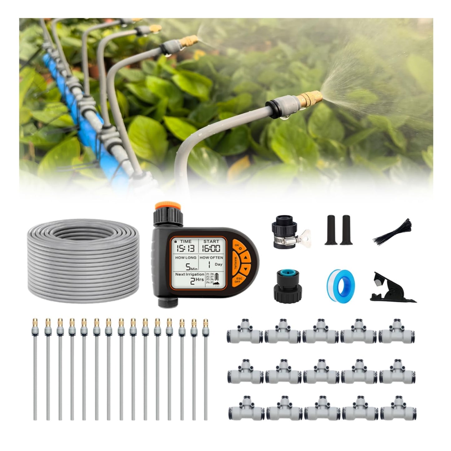 Drip Irrigation Kits,Quick Connector Automatic Irrigation System,with Replaceable Bending Dropper,atomizing Copper Nozzle for Watering System for Garden Plant Lawn Patio. (Timer)