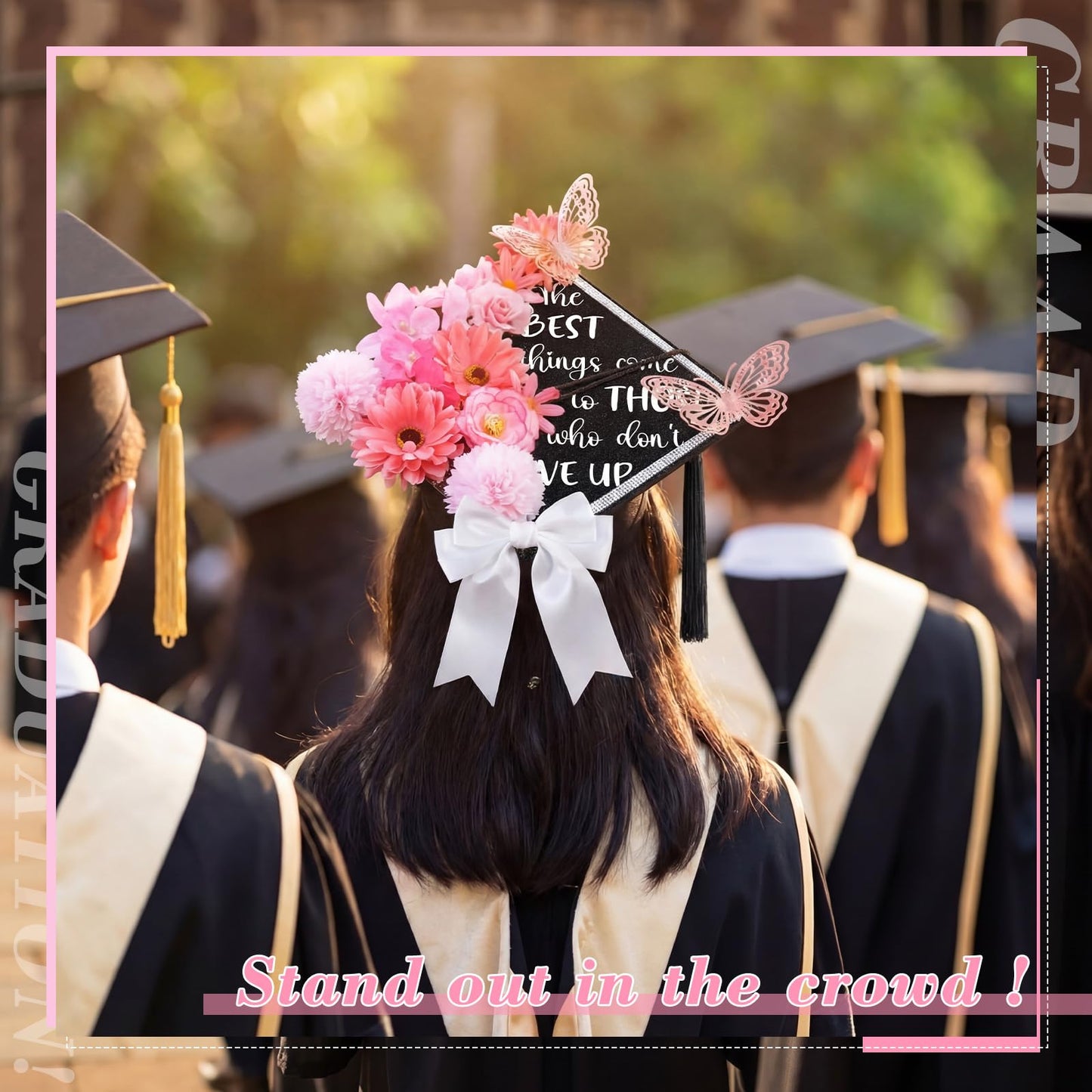 Dunzoom Black 16 Pcs Graduation Cap Decorations Kit Glitter DIY Cardstock Paper Letter Sticker for Graduation Hat Topper