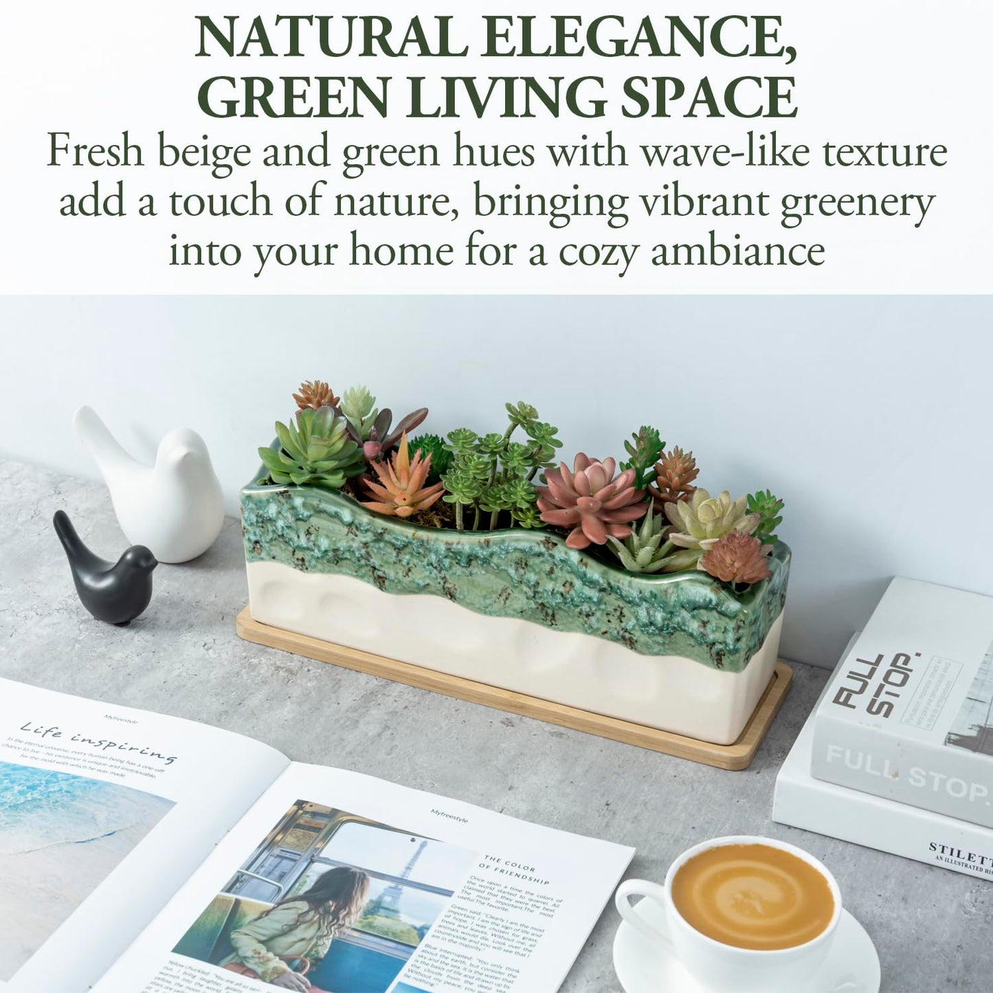 MyGift 13 Inch Large Rectangular Succulent Planter, Decorative Seafoam Green Glazed Beige Ceramic Indoor Plant Container Pot with Removable Bamboo Tray