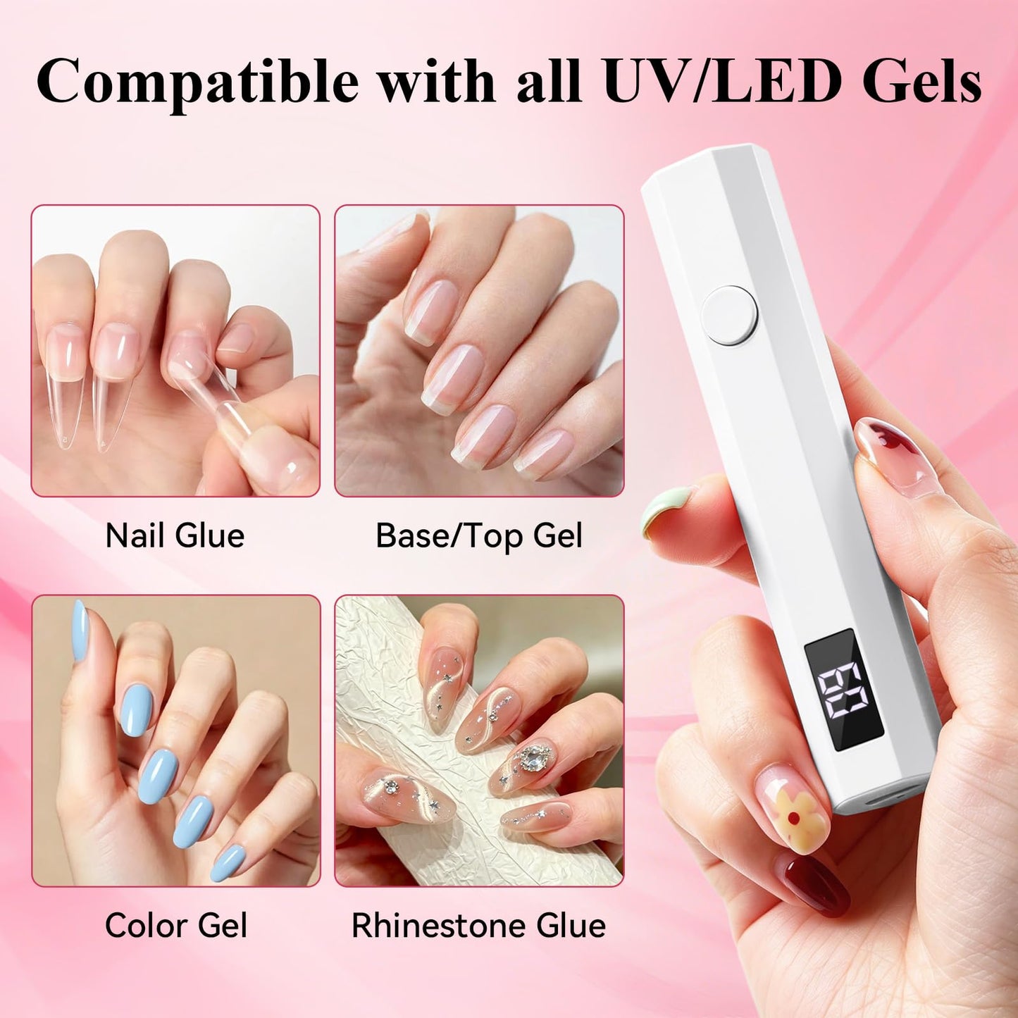YSC Handheld UV Light for Gel Nails, Mini Portable Cordless UV Pen Light for Nails with Stands and LCD Display, Fast Flash Curing Nail Dryer for Home Salon & DIY Manicure