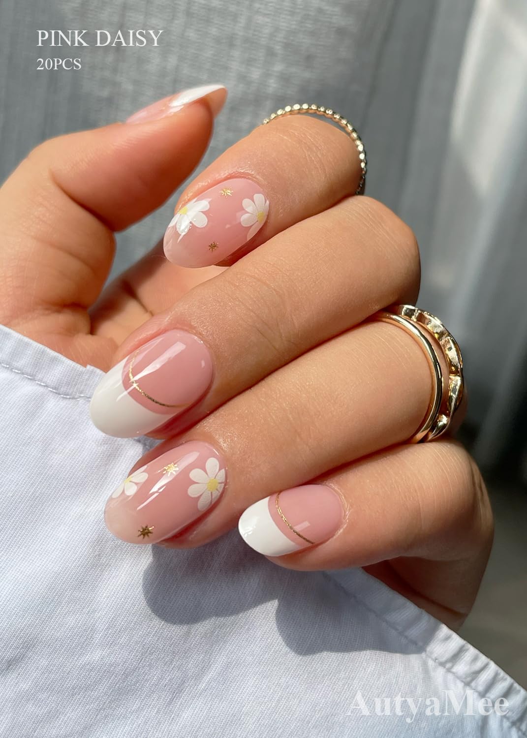 AutyaMee Semi Cured Gel Nail Strips (Pink Daisy), French, 20 Pcs Gel Nail Wraps, Stickers, UV Light Required, Salon Quality, Long Lasting