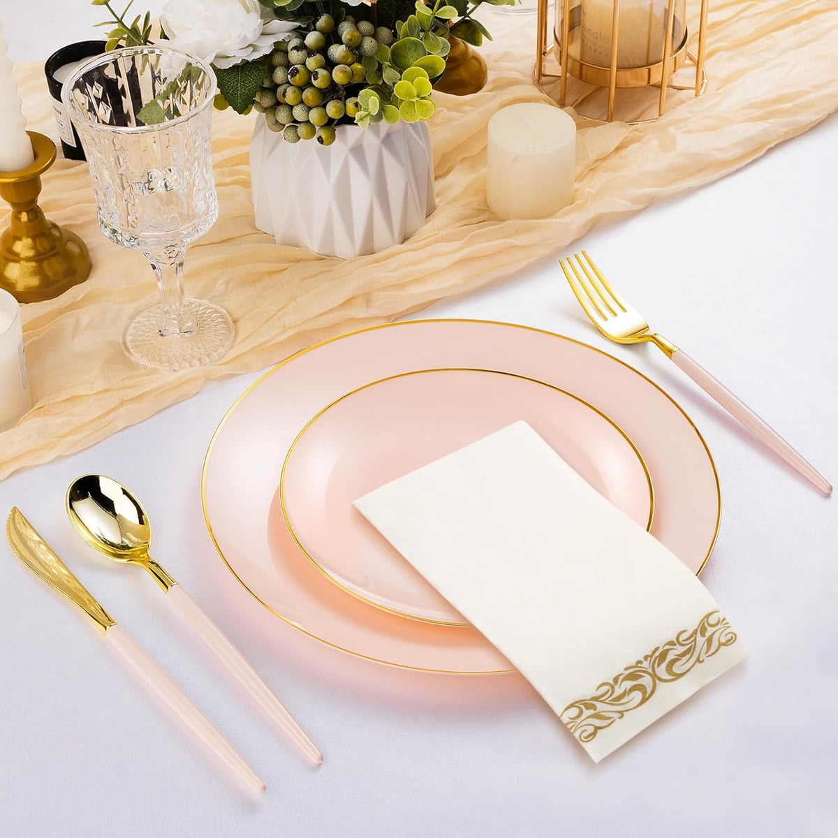 350 Pieces Pink Gold Plastic Dinnerware Set, Gold Disposable Plates for Party, Graduation, Include 100 Pink Plates with 150 Plastic Cutlery, 50 Napkins and 50 Cups