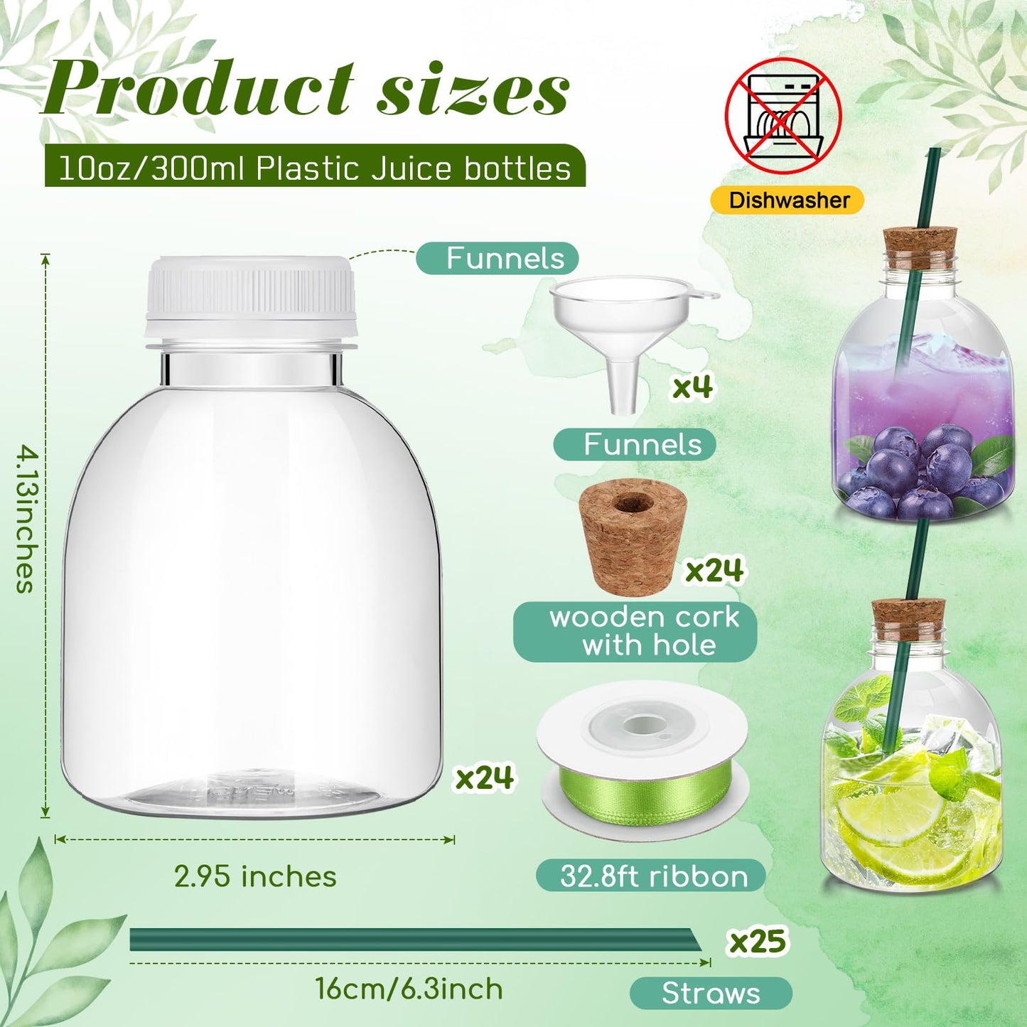 Vesici 24 Pcs Plastic Liquor Bottles with Cork and Straw Empty Juice Bottles for Drinks Reusable Mini Liquor Jar with Green Silk Ribbon for Wedding Party Personalized Decoration(10 oz)