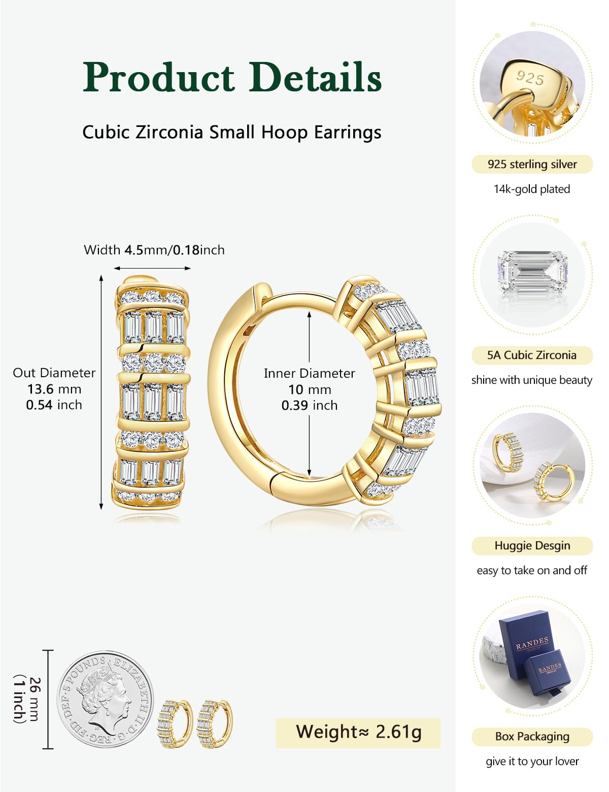 RANDES 14K Gold Plated Cubic Zirconia Small Hoop Earrings for Women Silver Created-Diamond Earring Thick Huggie Hoop Earrings