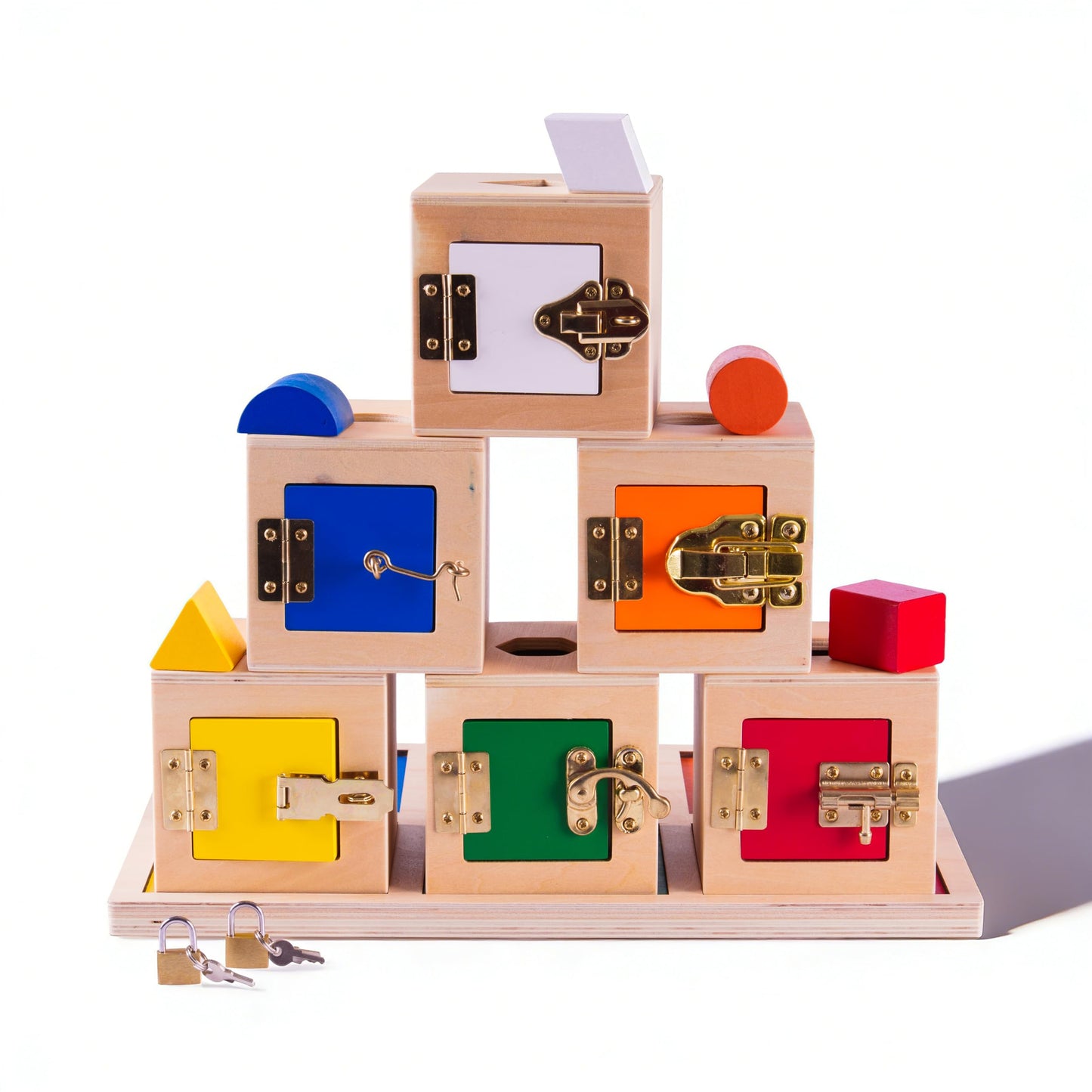 Premium Montessori Large Lock Box with Objects and Tray 15.7in,Wooden 6-Compartment Busy Box,Different Locks with Keys & Matching Objects, Practical Life Activity,Fine Motor Skills, Homeschool