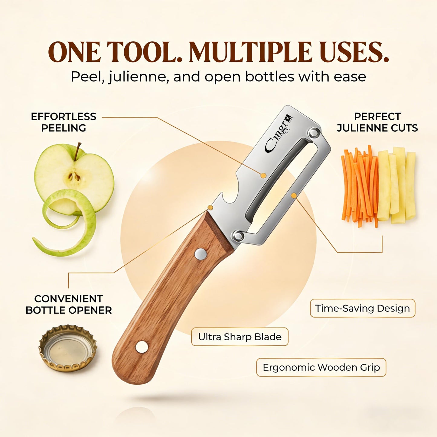 Vegetable Peeler, Multifunctional Stainless Steel Potato & Fruit Peeler with Bottle Opener, Wooden Handle Kitchen Tool, Zero Snag Design
