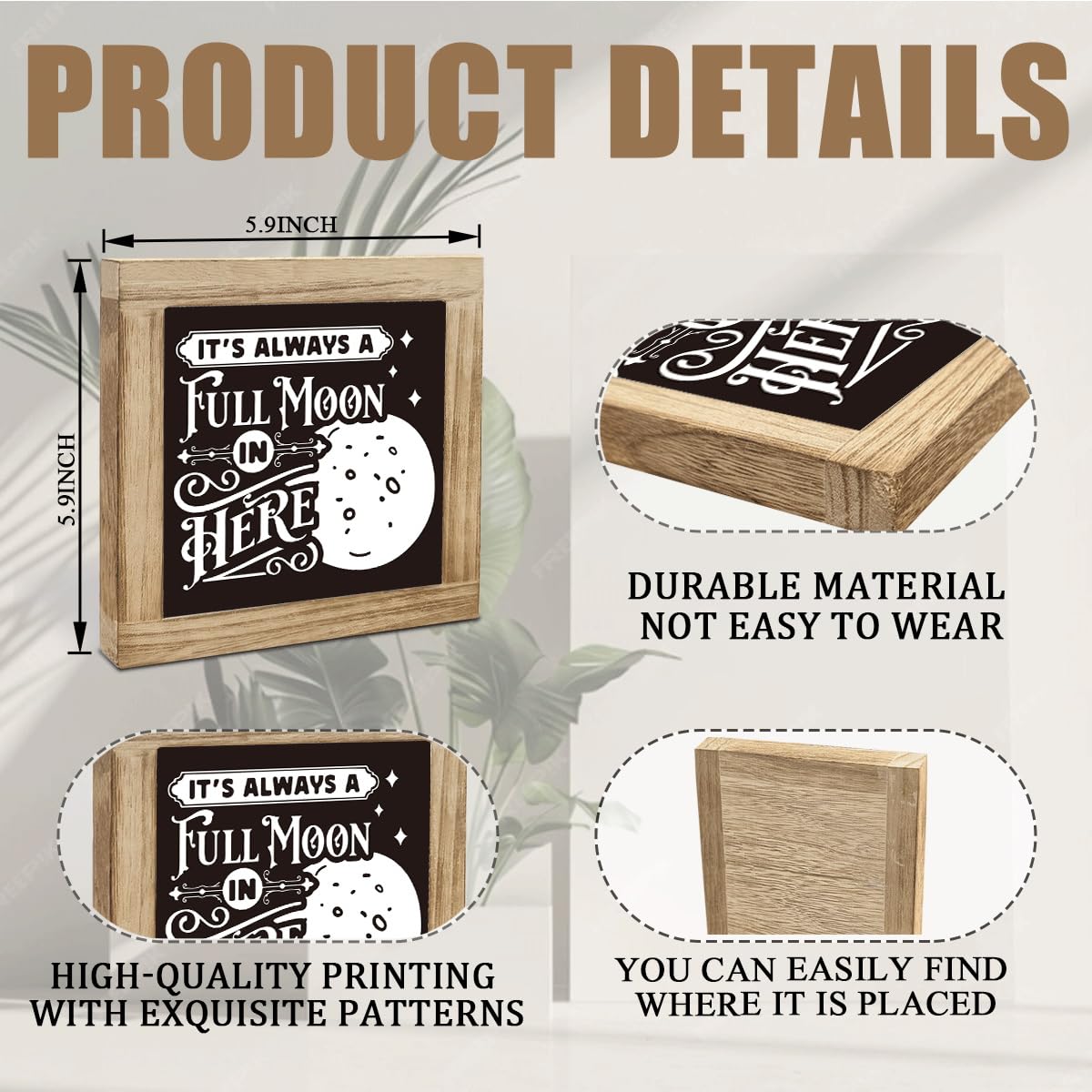 Funny Bathroom Decor Sign It's Always a Full Moon in Here, Desk Decor Rustic Wood Block Plaque Box Sign, Rustic Wood Plaque Signs, Decorative Table Signs 5.9X5.9X0.7 inches