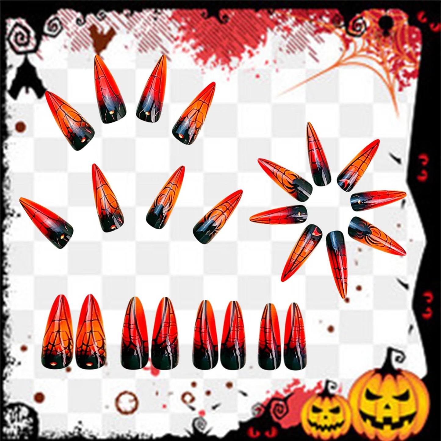 24Pcs Almond Tip Halloween Spider Press on Nails Extra Long Spider Web Design Halloween Nail Full Cover Glossy Artificial Acrylic False Nail French Tip Long Glue on Nails for Women Festival Decoration