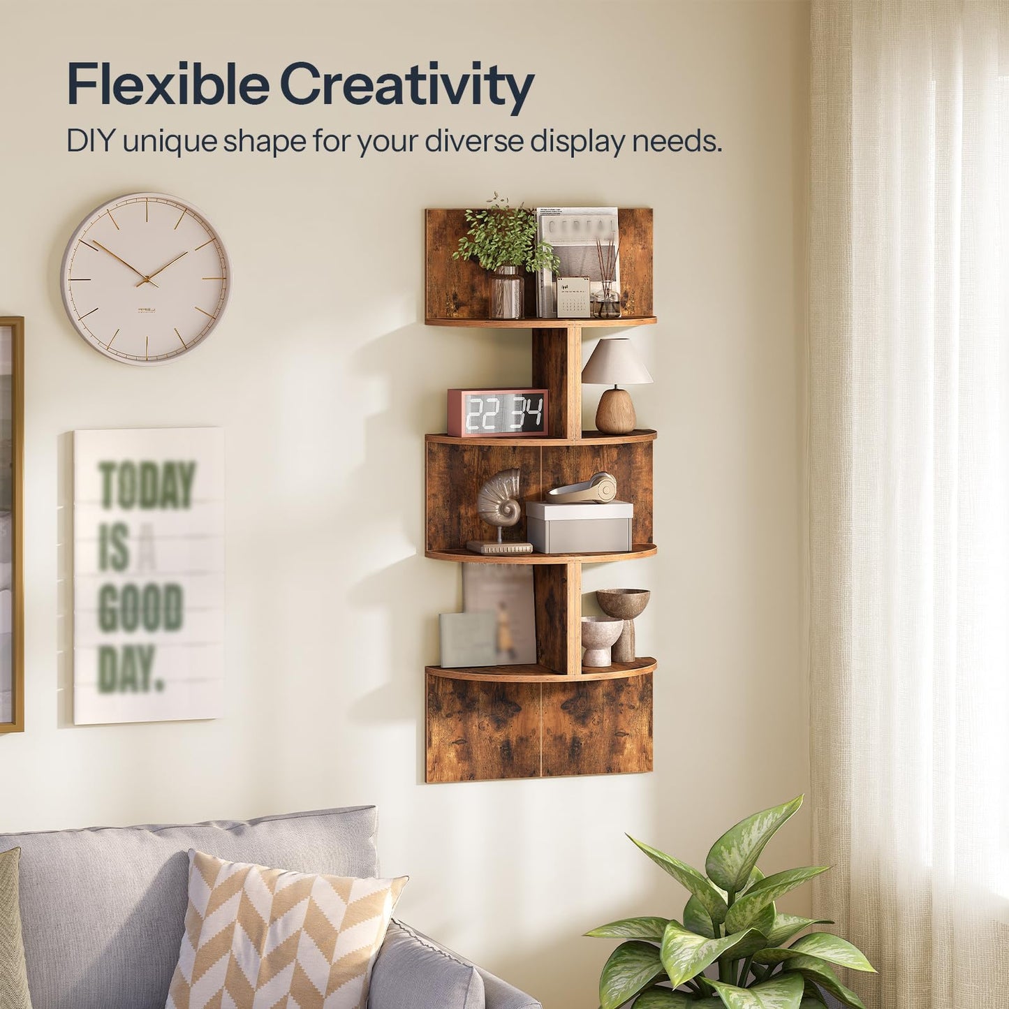 HOOBRO Corner Shelf Wall-Mounted, Set of 2 Floating Corner Shelves for Wall and Small Round Side Table Bundle, BF25BJP201-WN219UBZ01