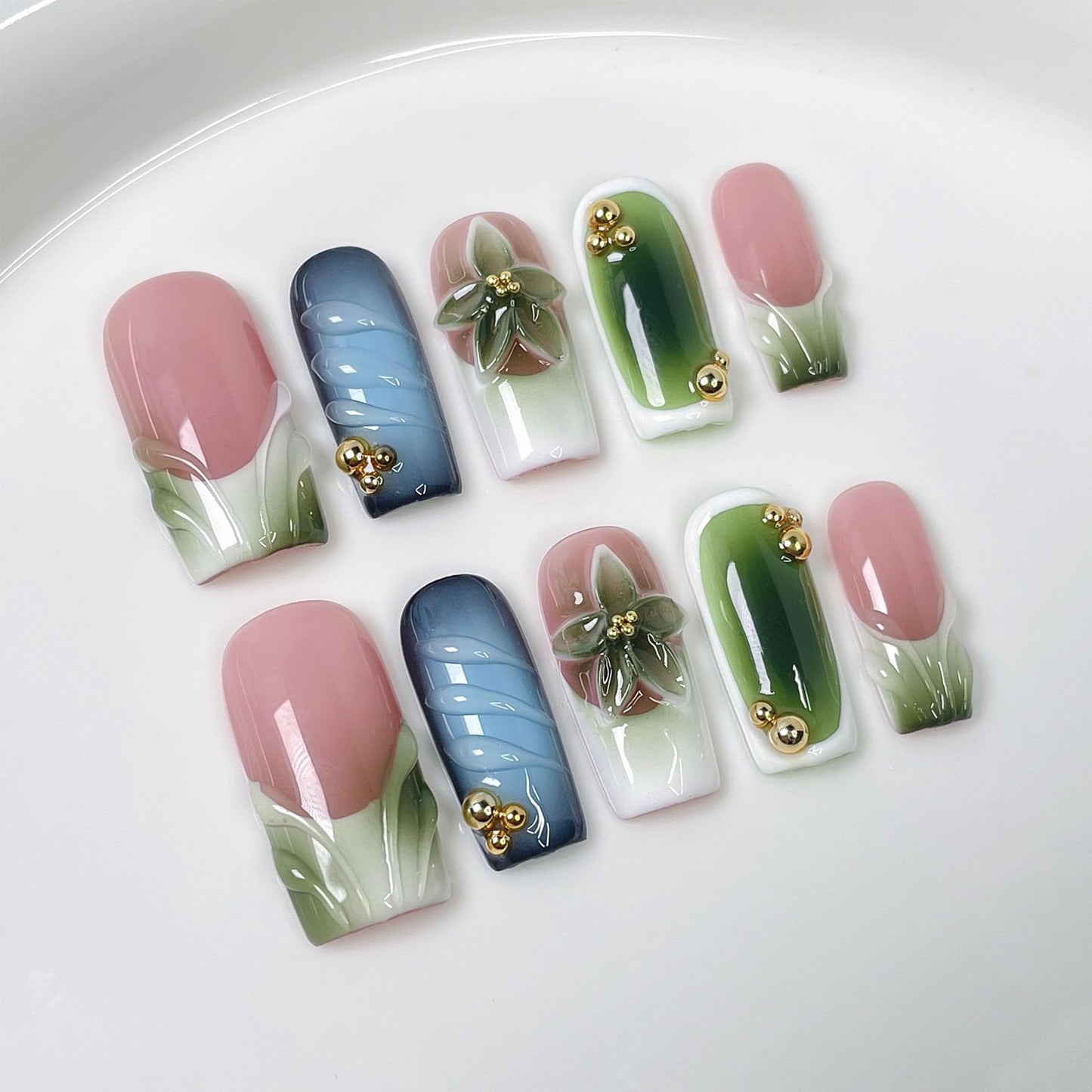 10 Pcs Handmade Press on Nails Medium Square Fake Nails with 3D Flower French Tip Design Green Acrylic False Nails M Size Press Ons Nails Square for Women