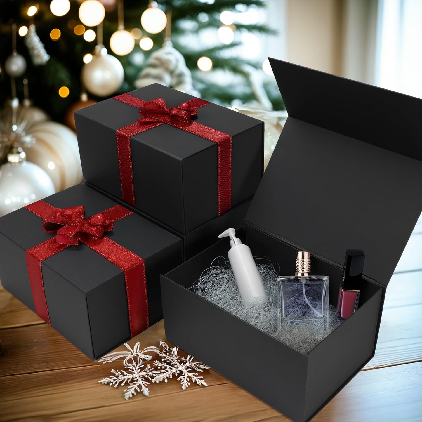 Ditwis 4 Pack 10x7x5 Inches Gift Boxes with Magnetic Closure Lids, Black Magnetic Box for Wedding, Groomsmen Bridesmaid Proposal, Birthdays, Mother's Day
