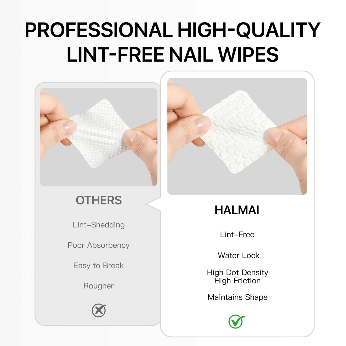HALMAI 1300 PCS Lint-Free Nail Wipes, Acetone-Free, Compatible with Acetone Nail Polish Remover Pads with Water-Lock, High Absorbency, For Gel & Acrylic Nail Removal, Includes Storage Box
