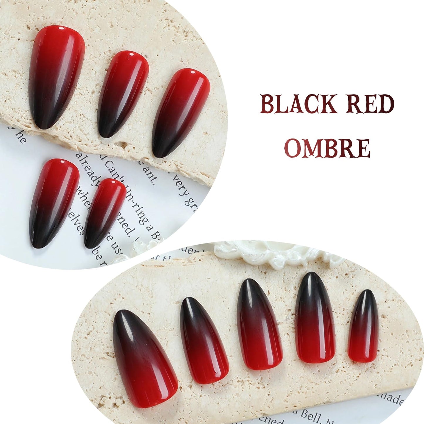 MERVF Press on Nails Medium Almond, Red and Black Ombre Fake Nails French Tip Blood Goth Glue ons Acrylic Nail Solid Color Design Supplies Glossy 24pcs