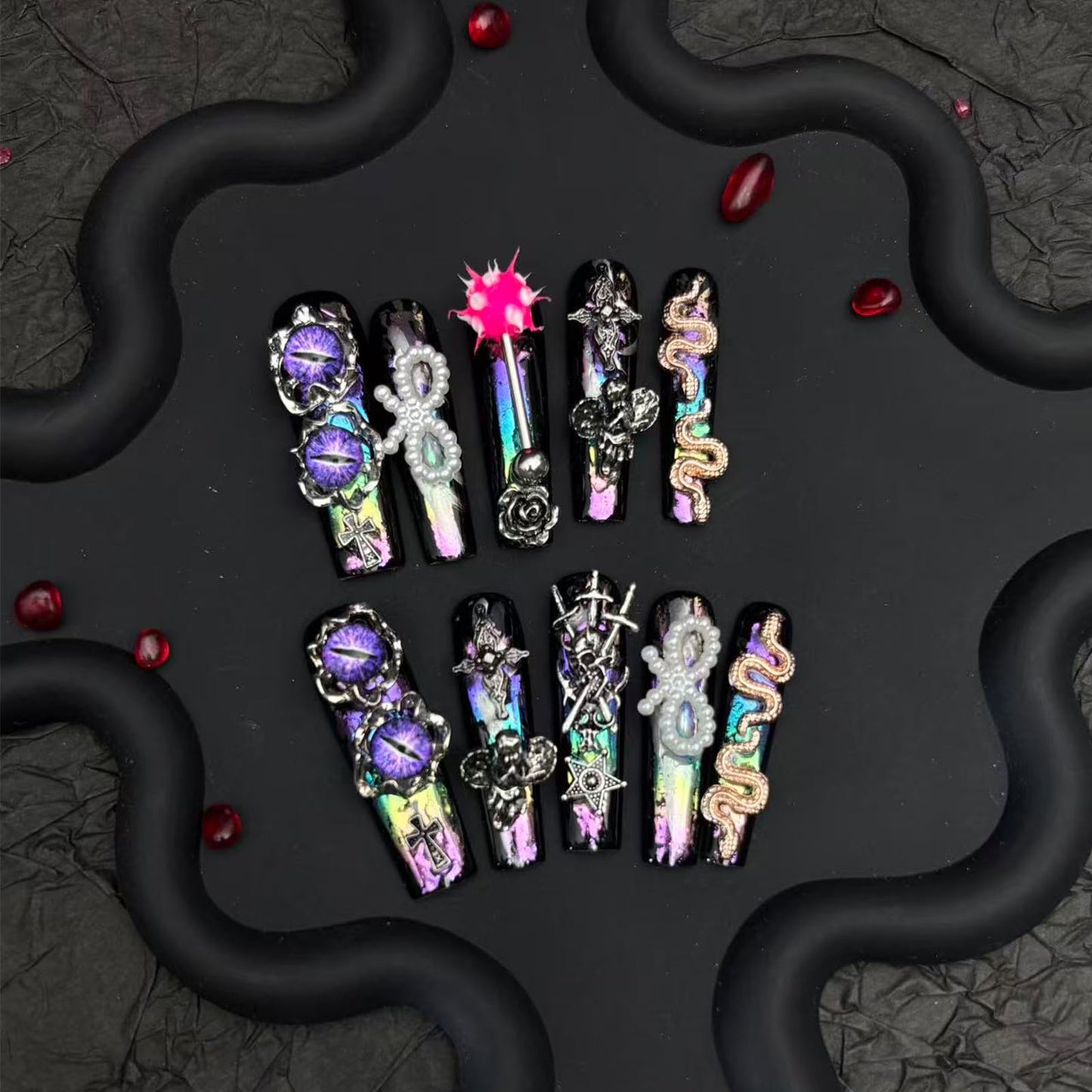 Handmade Press on Nails Short False Nails with 3D Dark Design Gothic Luxury Style Size S